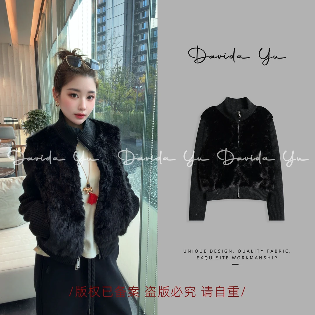 Davida Yu【毛毛】环保高领针织上衣保暖百搭长袖拉链外套CR0066