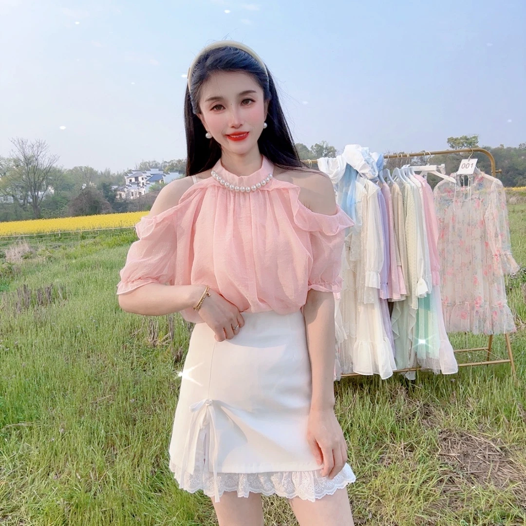 珍珠挂脖雪纺衬衫女夏季新款喇叭短袖宽松显瘦荷叶边甜美气质套装