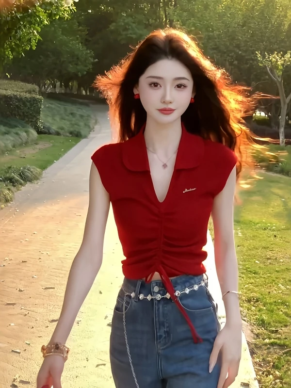 美式复古辣妹红色翻领抽绳短袖针织衫T恤女夏季时尚修身百搭上衣