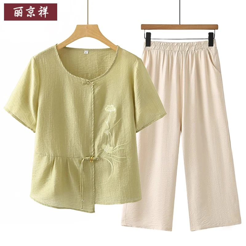 2025新款妈妈夏装新中式短袖T恤套装洋气中老年女莱赛尔天丝上衣