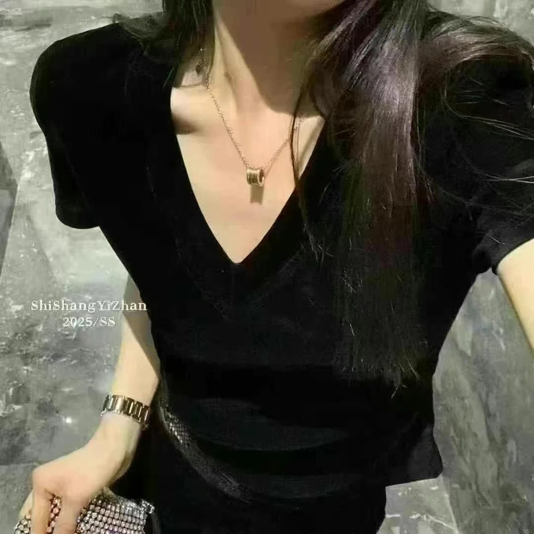 欧货新款高级感百搭垫肩丝绒短袖上衣