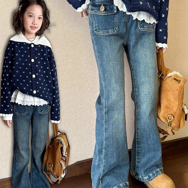 女中大童牛仔喇叭裤儿童秋款弹力洋气裤子童装直筒显瘦秋冬款裤子
