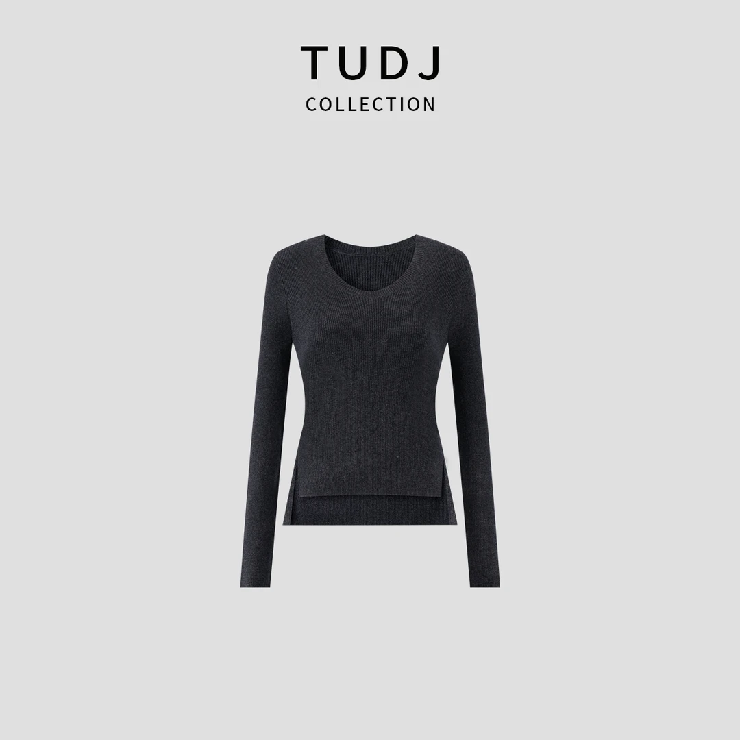 【TUDJ】高级感圆领侧开叉羊毛针织打底衫秋冬女款长袖内搭修身显瘦