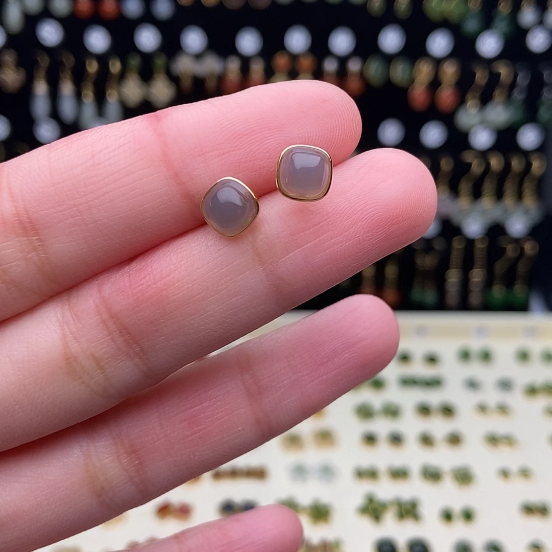 和田玉银S925镀金镶嵌耳饰