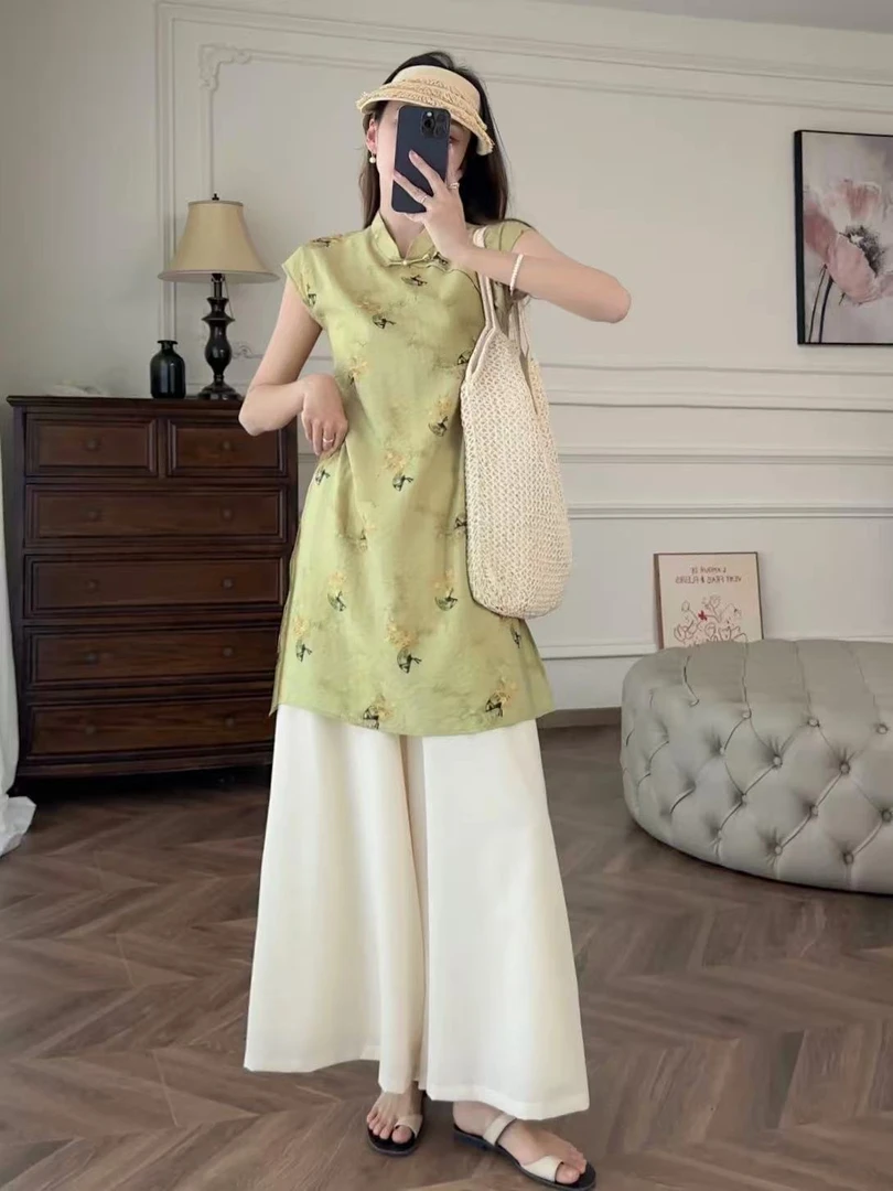 86301夏季新款“浮世烟语扇”新中式改良 短袖旗袍式套装