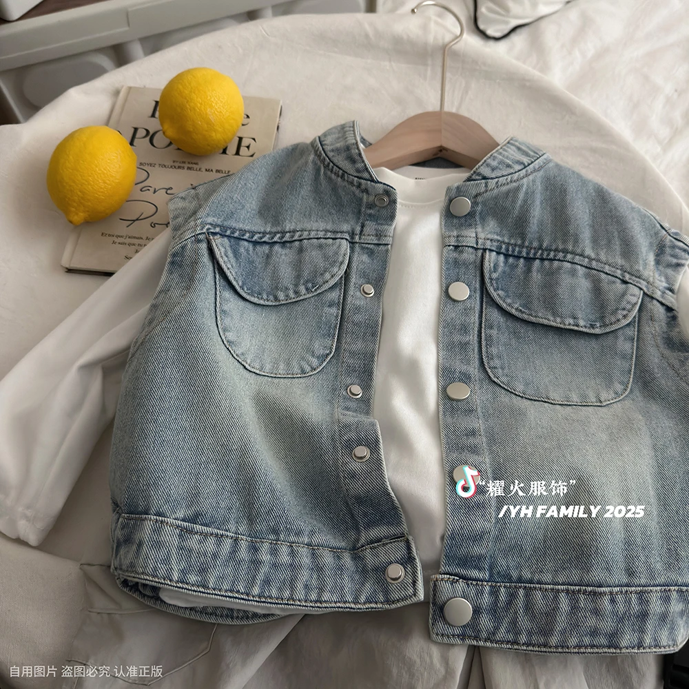 儿童牛仔马甲百搭上衣春秋新款外穿单排扣洋气立领坎肩男女宝潮酷