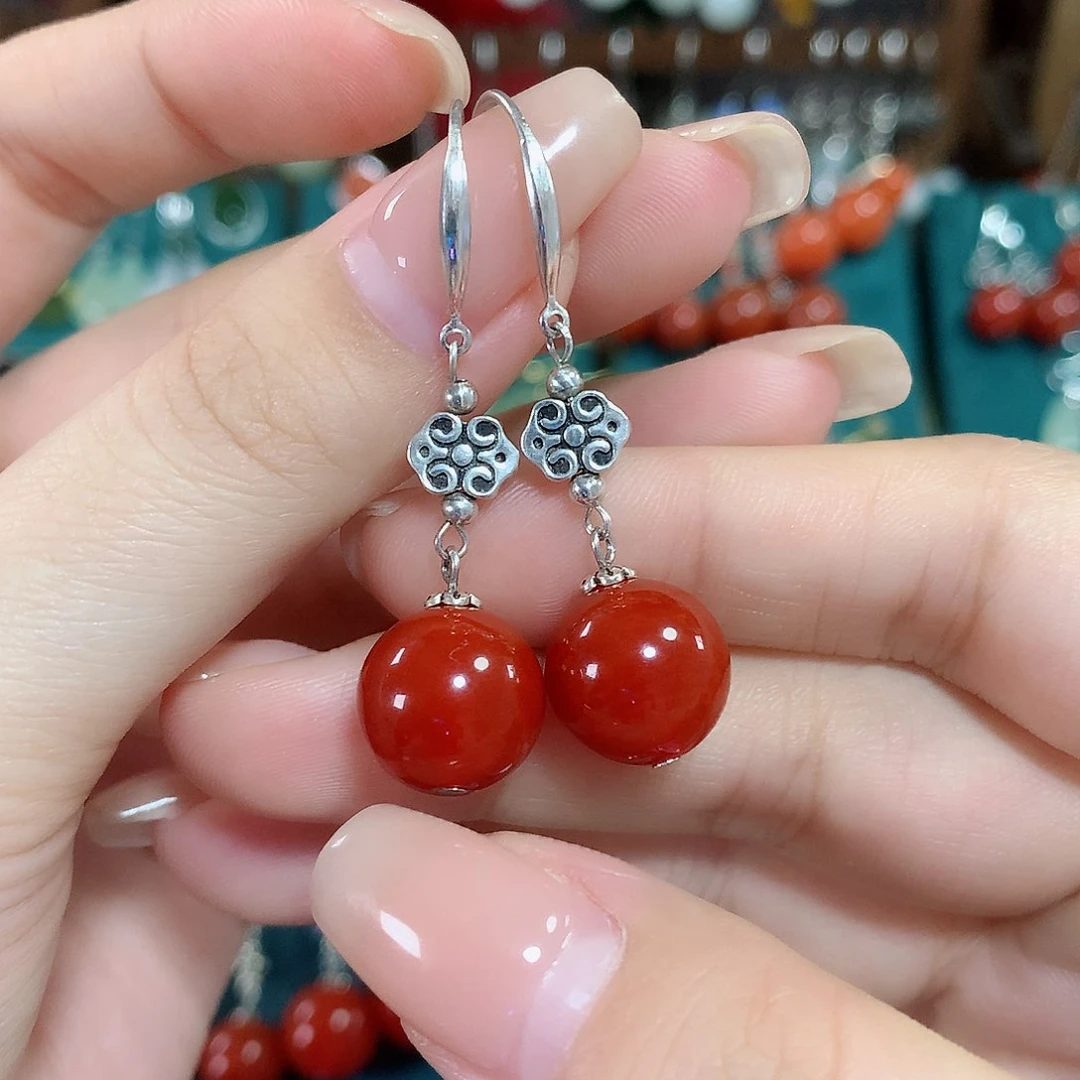 玛瑙/玉髓耳饰银S925镶嵌天然红玛瑙12mm左右（锦红）
