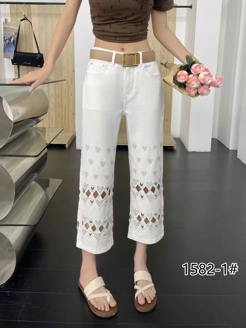 镂空修身阔腿夏季休闲薄款时尚刺绣微弹力女牛仔裤八分裤