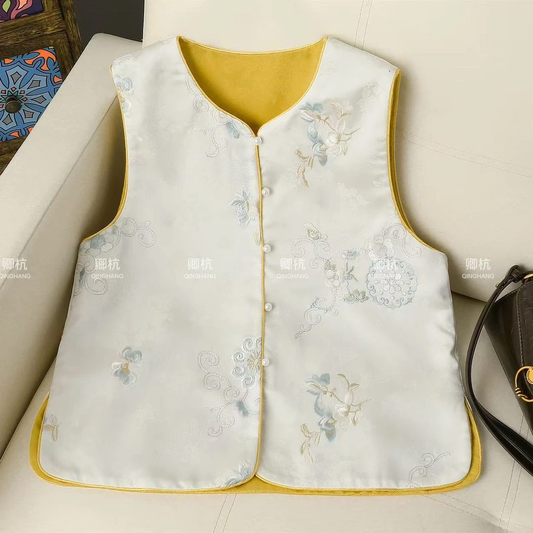 【兰清露蝶】新中式双面穿重工刺绣提花圆领无袖时尚坎肩马夹554