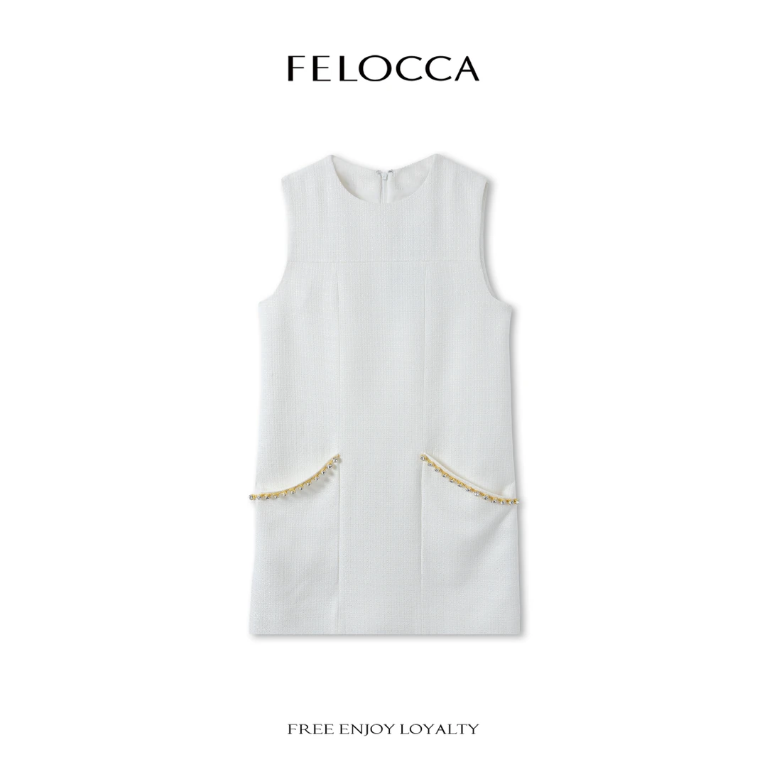 NO退NO换【FELOCCA】小香风无袖宽松圆领口袋钻饰连衣裙CC2487