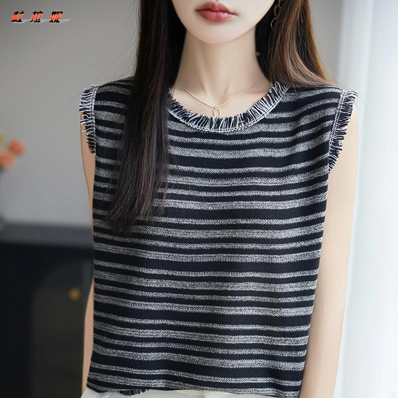 杜拉妮小香风条纹流苏毛边吊带背心女撞色圆领冰丝无袖内搭夏外穿