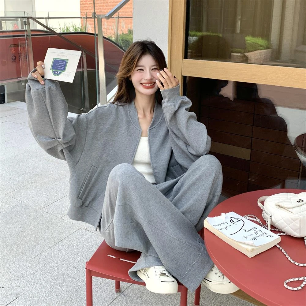 韩风chic灰色休闲运动套装女春秋卫衣两件套减龄一整套又a又飒
