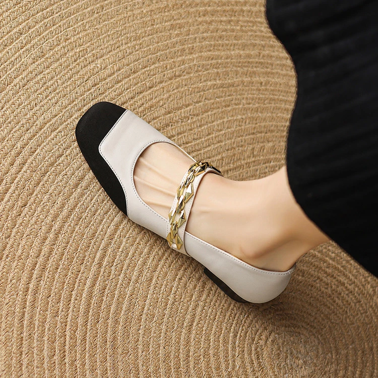 2025年真皮粗跟百搭法式小香风单鞋皮鞋拼色女浅口方头低跟玛丽珍