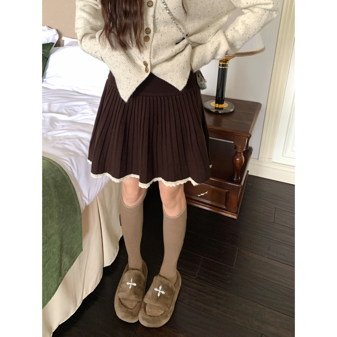 甜美蕾丝花边百褶裙女秋冬新款高腰显瘦A字短裙小个子针织半身裙