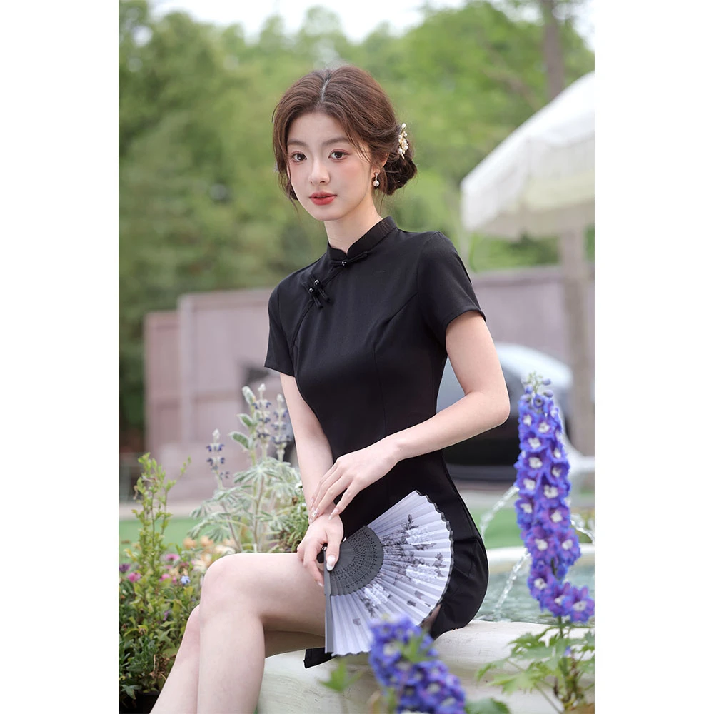 黑色旗袍2025年夏季新款改良版连衣裙新中式日常中国风短款小个子