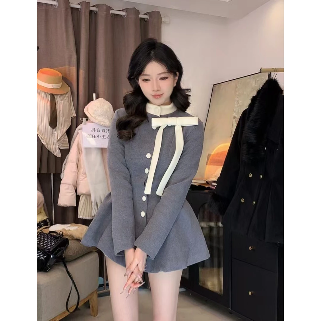 灰色毛呢外套女秋冬2024新款修身韩系千金风蝴蝶结呢子套装