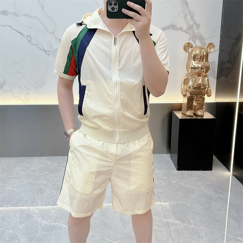 度尚-2025夏季新款潮牌男士时尚休闲连帽套装潮流拼色休闲短袖