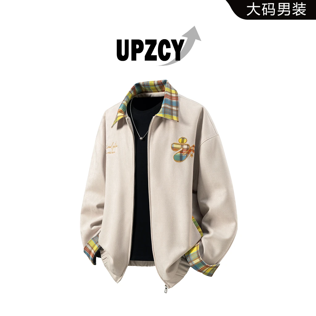 UPZCY大码麂皮绒格子夹克外套男款春秋刺绣宽松设计翻领上衣外套