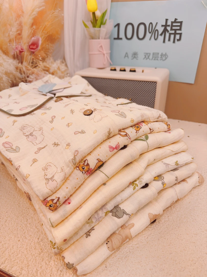 编码201-230短袖+长裤套装A类100棉双层棉纱睡衣