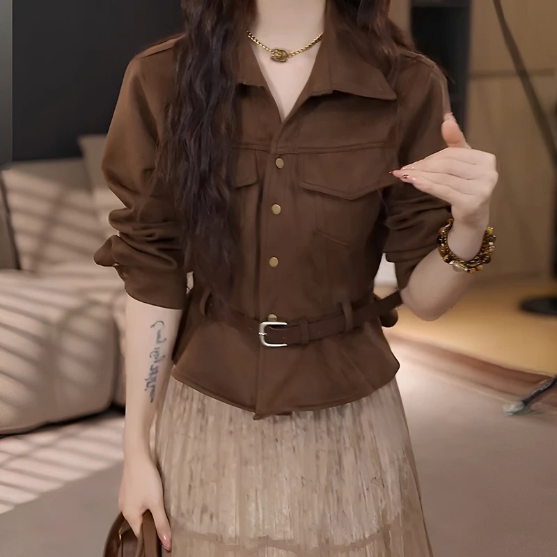 2025春秋季新款女士复古时尚减龄翻领收腰外套设计感气质显瘦上衣