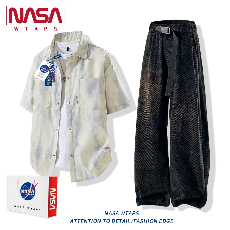 NASA WTAPS美式扎染t恤男衬衫夏季薄款痞帅休闲工装短袖衬衣外套