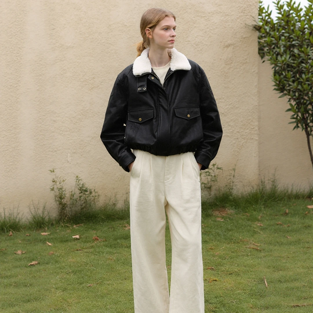 专柜同款【范】大毛领美式复古机车骑行加绒皮衣 T31103