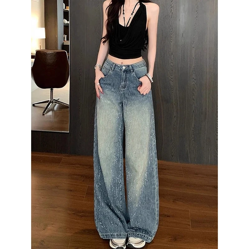 胖mm特大码满天星烫钻阔腿牛仔裤女秋季小众设计感高腰显瘦长裤子