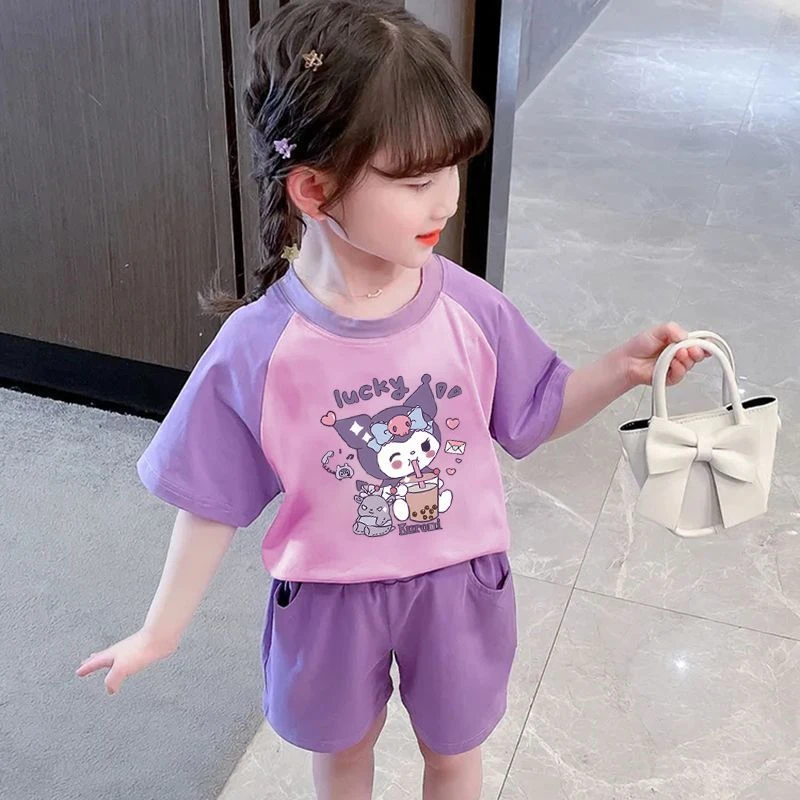 库洛米纯棉女童短袖套装夏季2025新款女宝宝卡通洋气拼色两件套潮