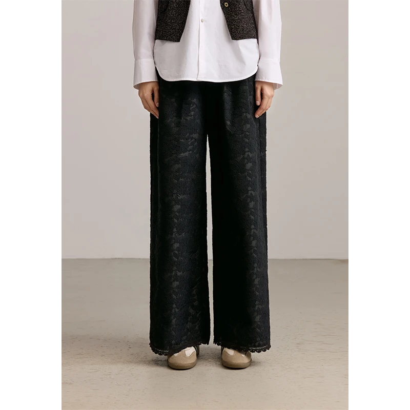 PLAIN PEOPLE千金风蕾丝浪漫花边阔腿直筒休闲裤女黑色2025春新款