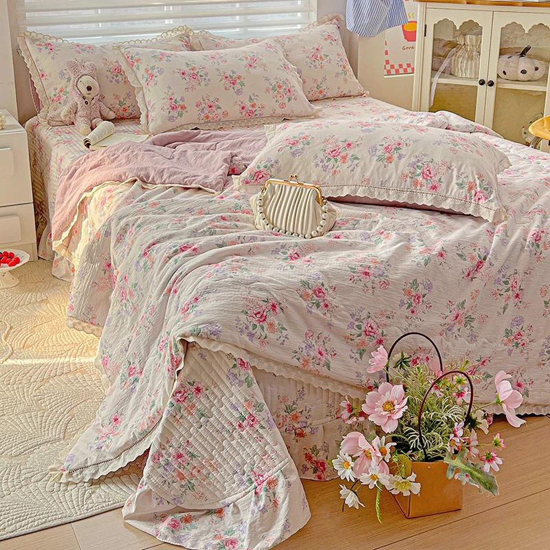2025新款韩版小碎花云感木棉皱皱纱小清新款床盖夏凉被四件套