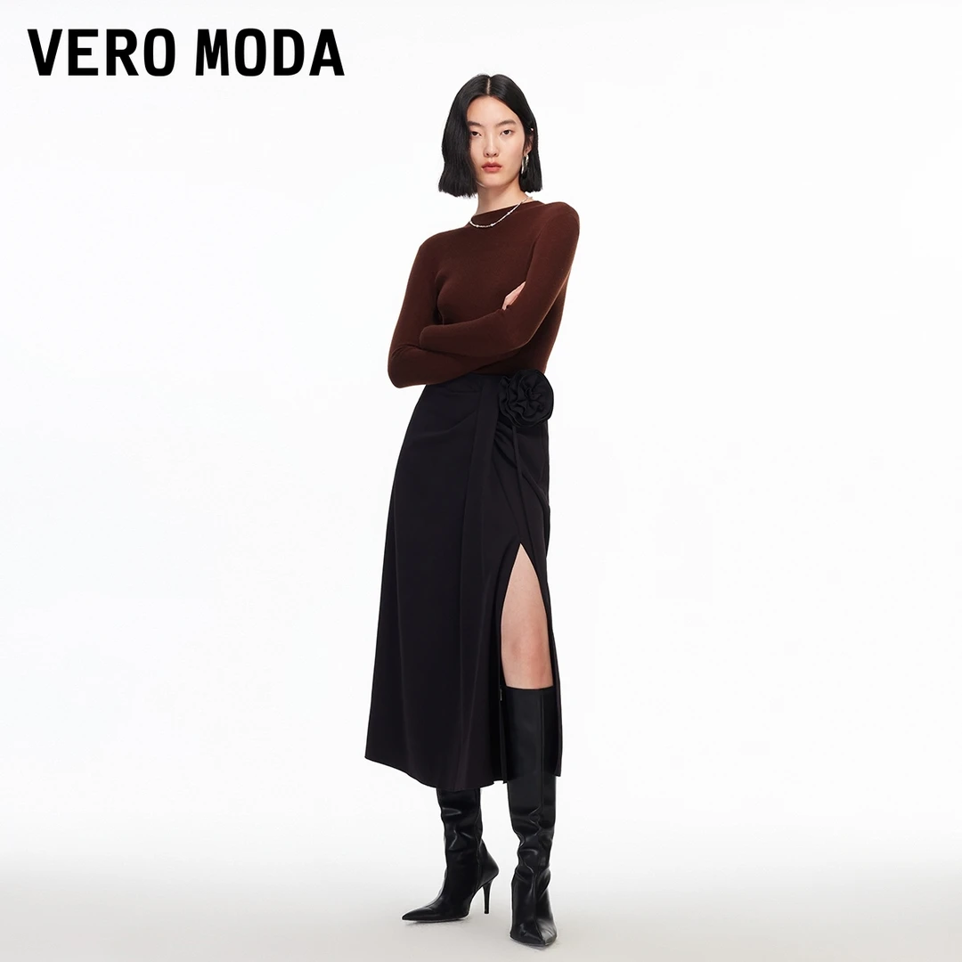 Vero Moda半身裙女2026春季新款花朵装饰开叉直筒半裙显瘦百搭