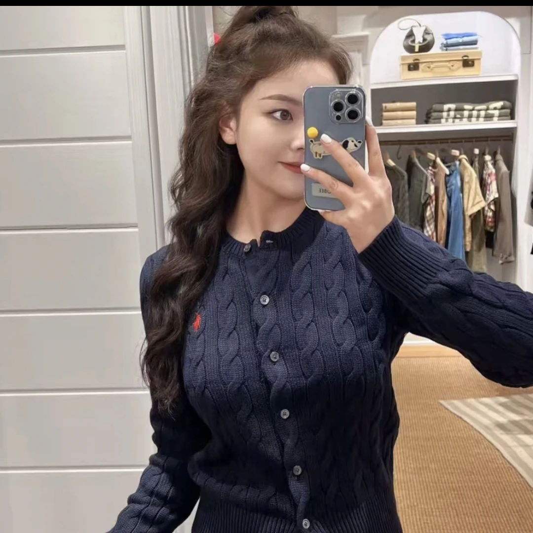 秋冬修身版小马刺绣不褪色针织衫毛衣长袖纯棉开衫圆领