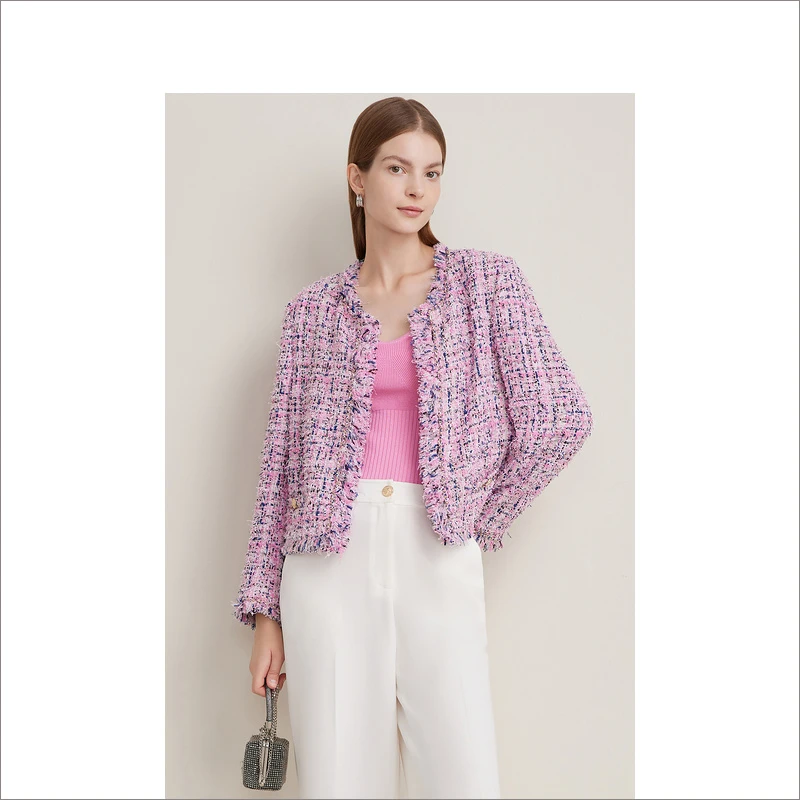 Goodland美地2024春季新款小香风流苏花边樱花粉短外套LC34110110