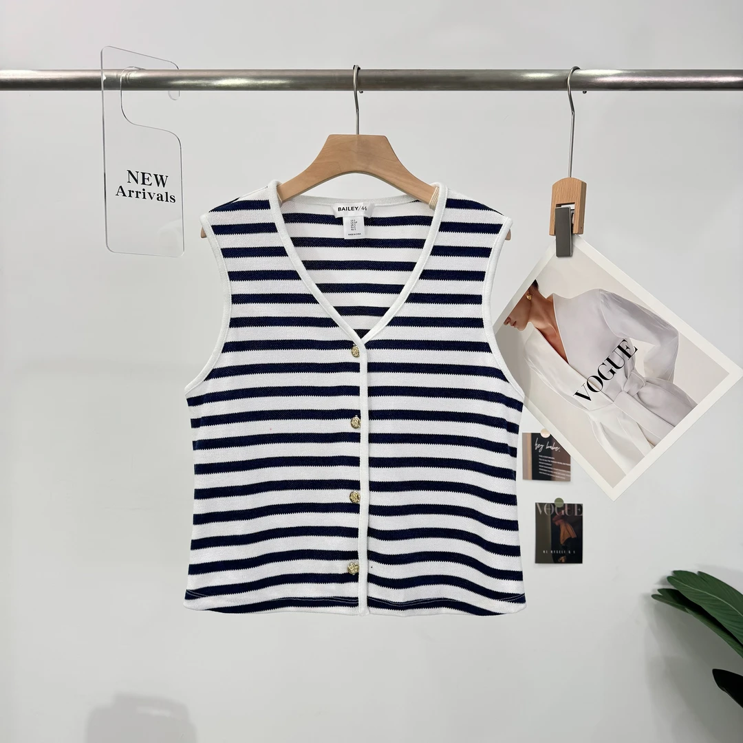 B421开衫短款女条纹v领针织马甲纽扣网红气质坎肩休闲时尚上衣43D