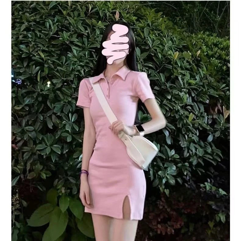 大码女装polo领连衣裙收腰显瘦百搭开叉连衣裙纯欲甜酷风性感时尚