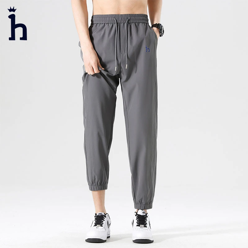哈吉斯潮牌夏季薄款冰丝裤刺绣宽松束脚九分速干休闲裤男长裤