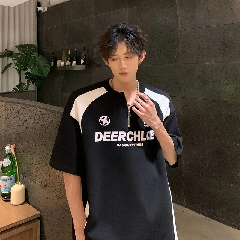 欧若风短袖t恤潮流半拉链插肩袖宽松ins设计感休闲上衣机车半袖