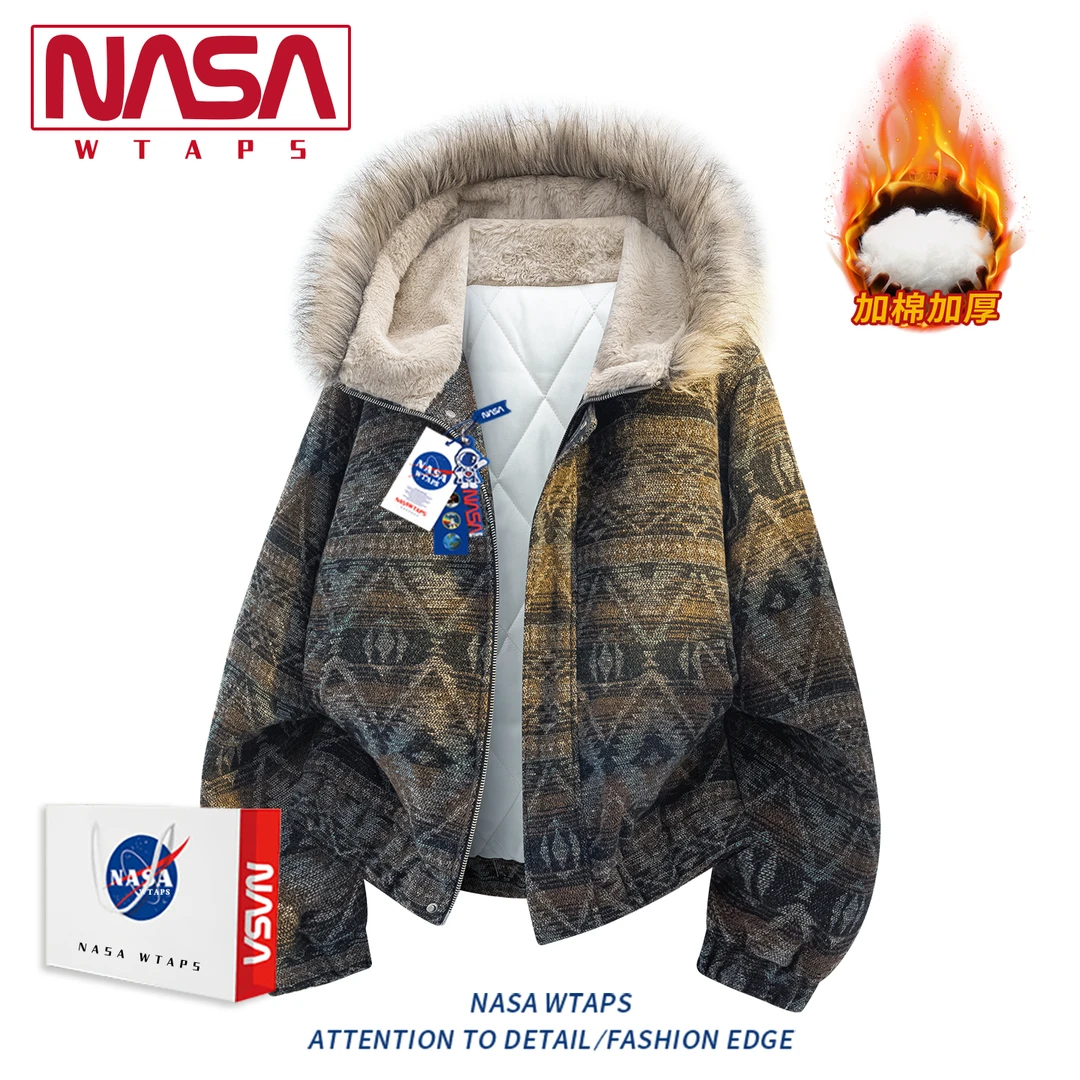 NASA WTAPS民族风座山雕毛领连帽棉衣男款秋冬季加厚保暖棉服外套