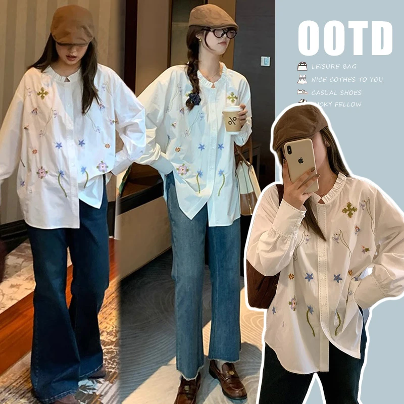 春款新款韩版刺绣孕妇衬衫上衣长袖时尚休闲春季小众宽松衬衣