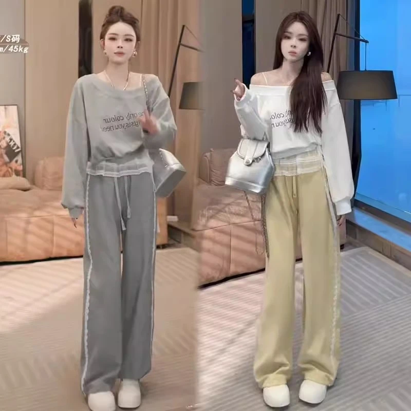 时尚休闲套装女2025春季新款时髦洋气一字肩卫衣运动阔腿裤三件套