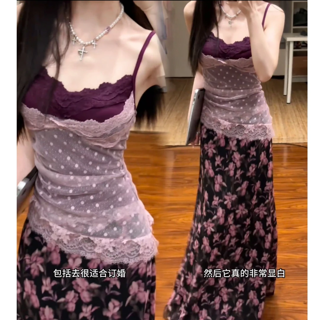 【盛夏栀子】棕色/紫色版本  纯欲不规则波点蕾丝吊带+碎花长裙半裙