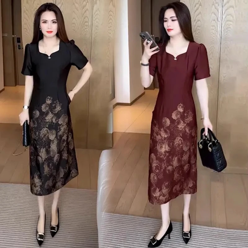 时尚连衣裙女2025夏季新款洋气显瘦设计感百搭休闲中长款过膝裙潮