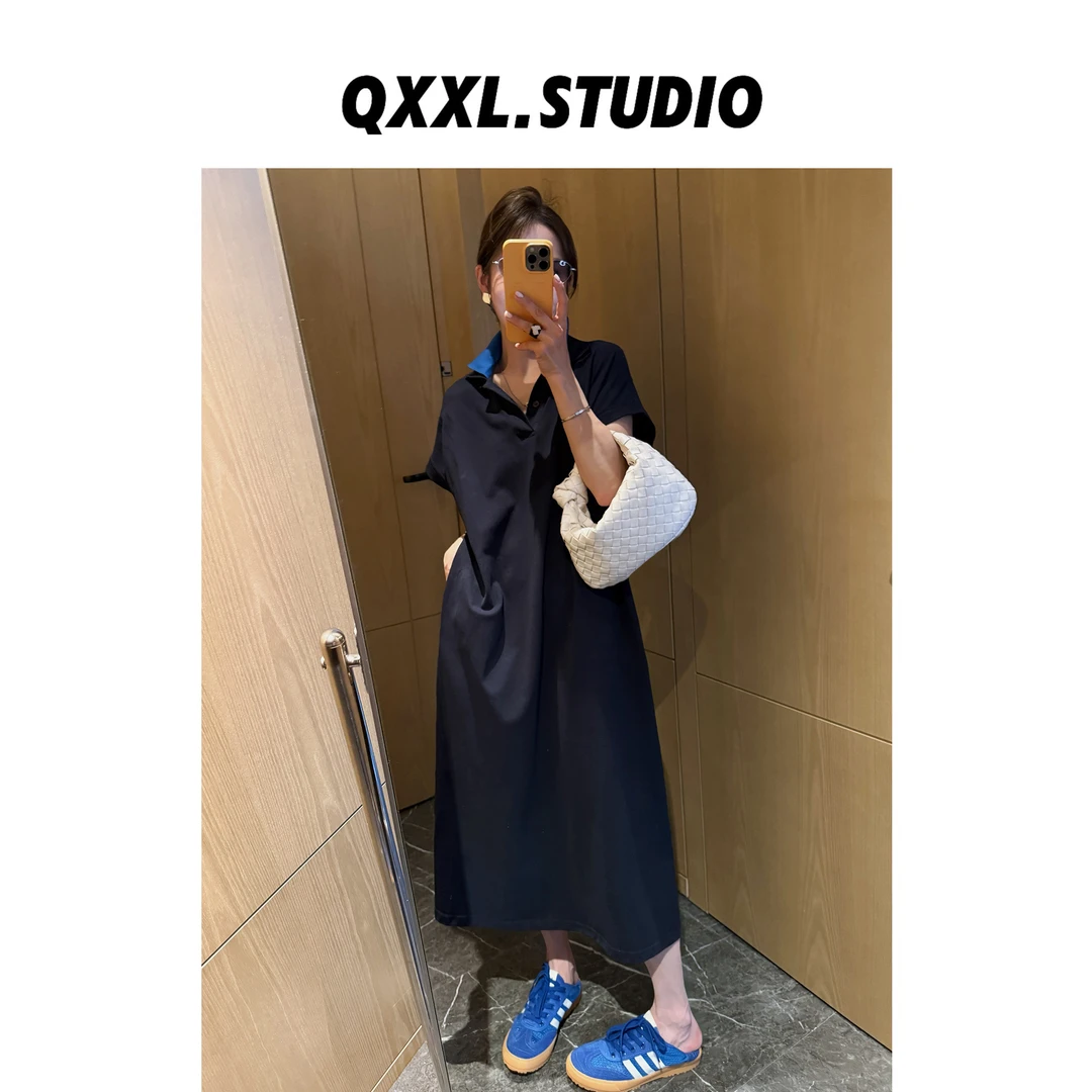 邱小小丽呀 小众轮廓线叠领POLO连衣裙女 撞色直筒裙长款短袖t恤