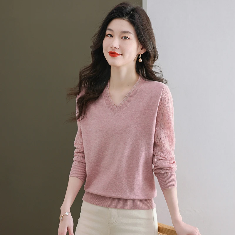 设计感木耳边V领长袖针织衫女宽松镂空春秋薄款洋气外穿气质上衣