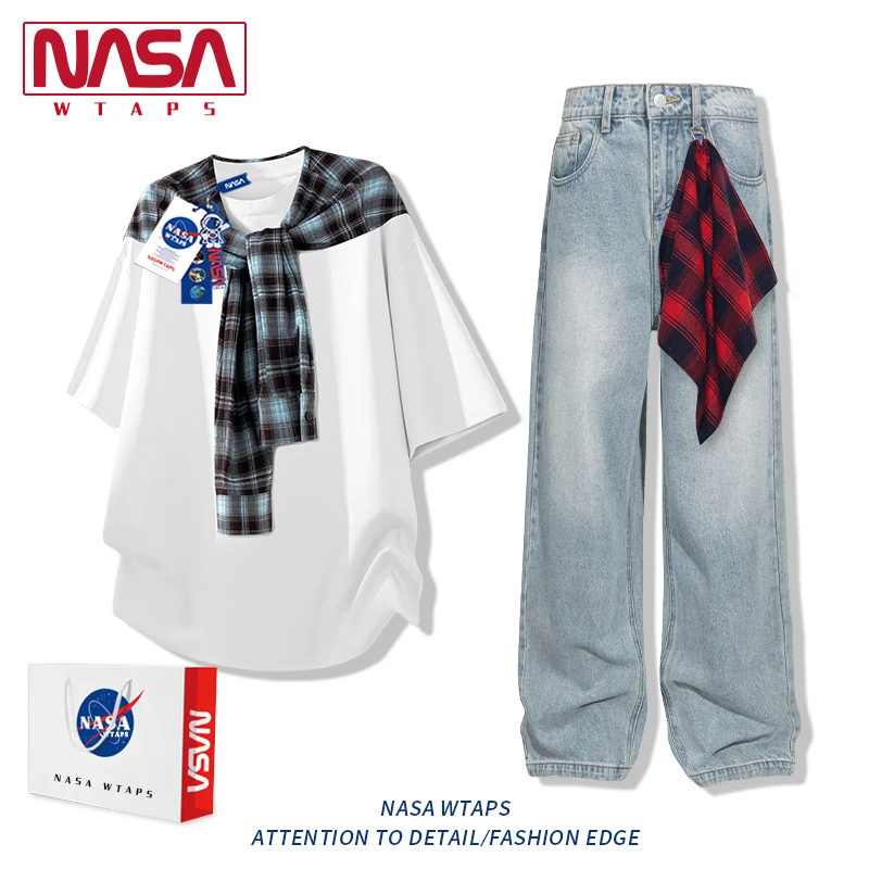 NASA WTAPS潮牌披肩短袖套装男士夏季薄款慵懒学院风休闲T恤长裤