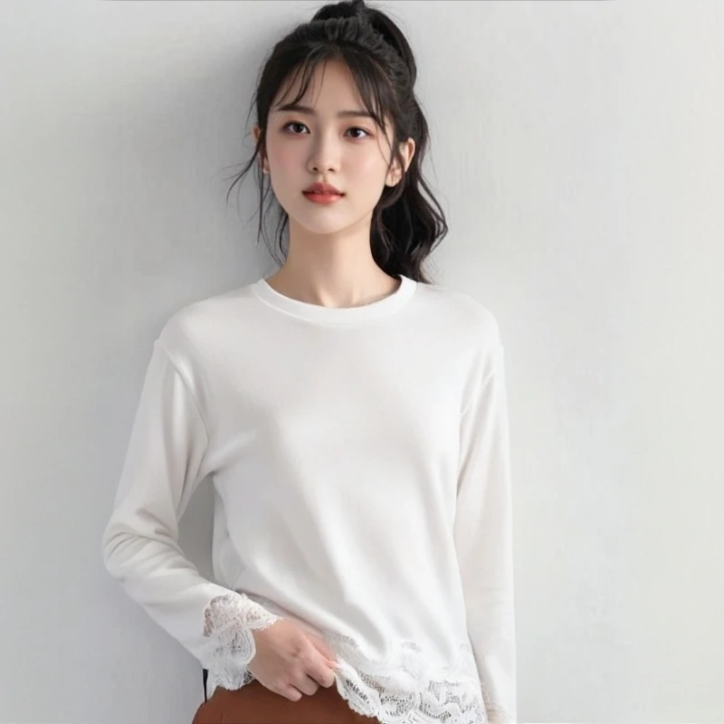简约百搭显瘦上衣秋季新款胖MM大码女装设计感蕾丝拼接圆领T恤女
