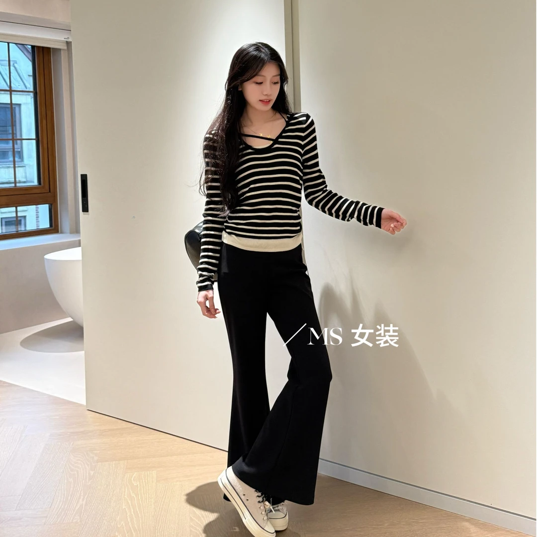 2025春夏条纹帽子假两件针织衫+高腰松紧喇叭裤修身垂感休闲裤