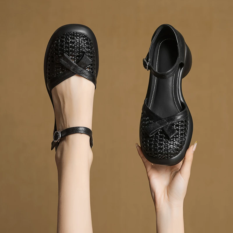 羊皮5cm跟高舒适软底夏季真皮复古粗跟包头凉鞋百搭时尚女鞋