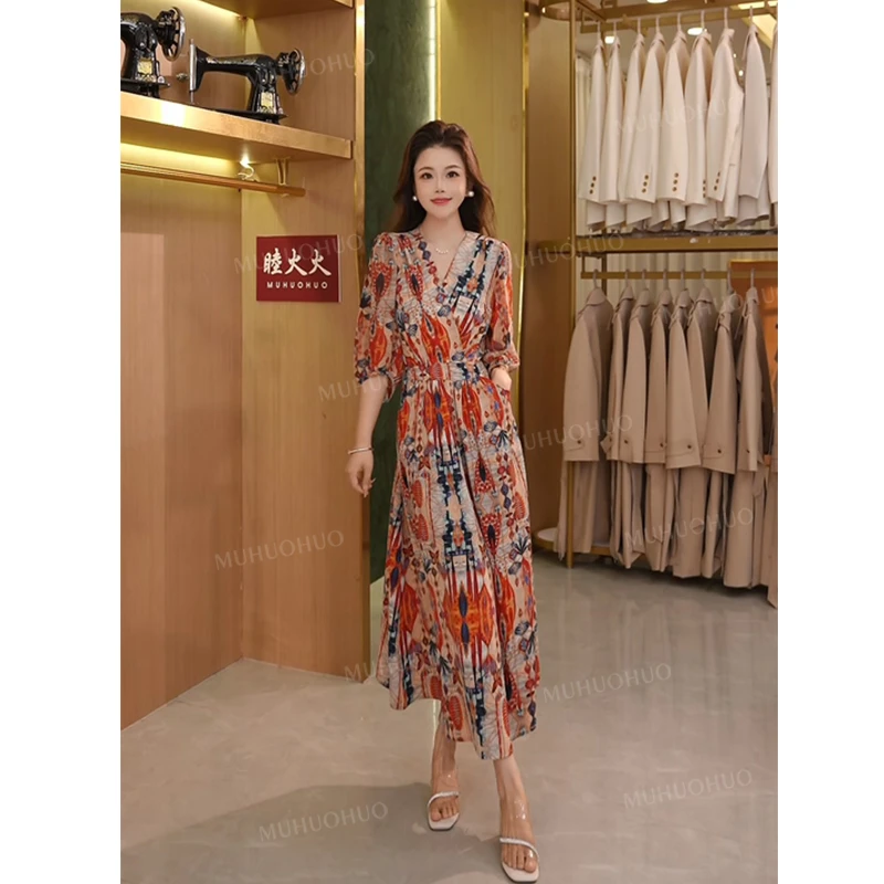 大码夏季显瘦印花长裙蝙蝠袖连衣裙碎花宽松腰法式2