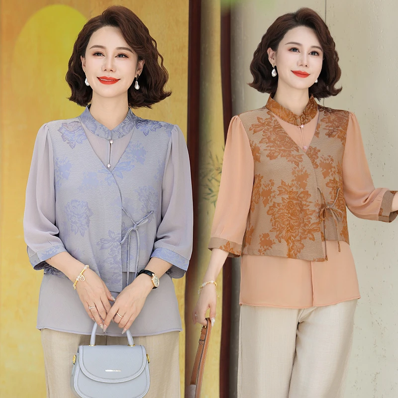 新中式妈妈夏装套装新款洋气小衫中老年春夏七分袖气质雪纺上衣女